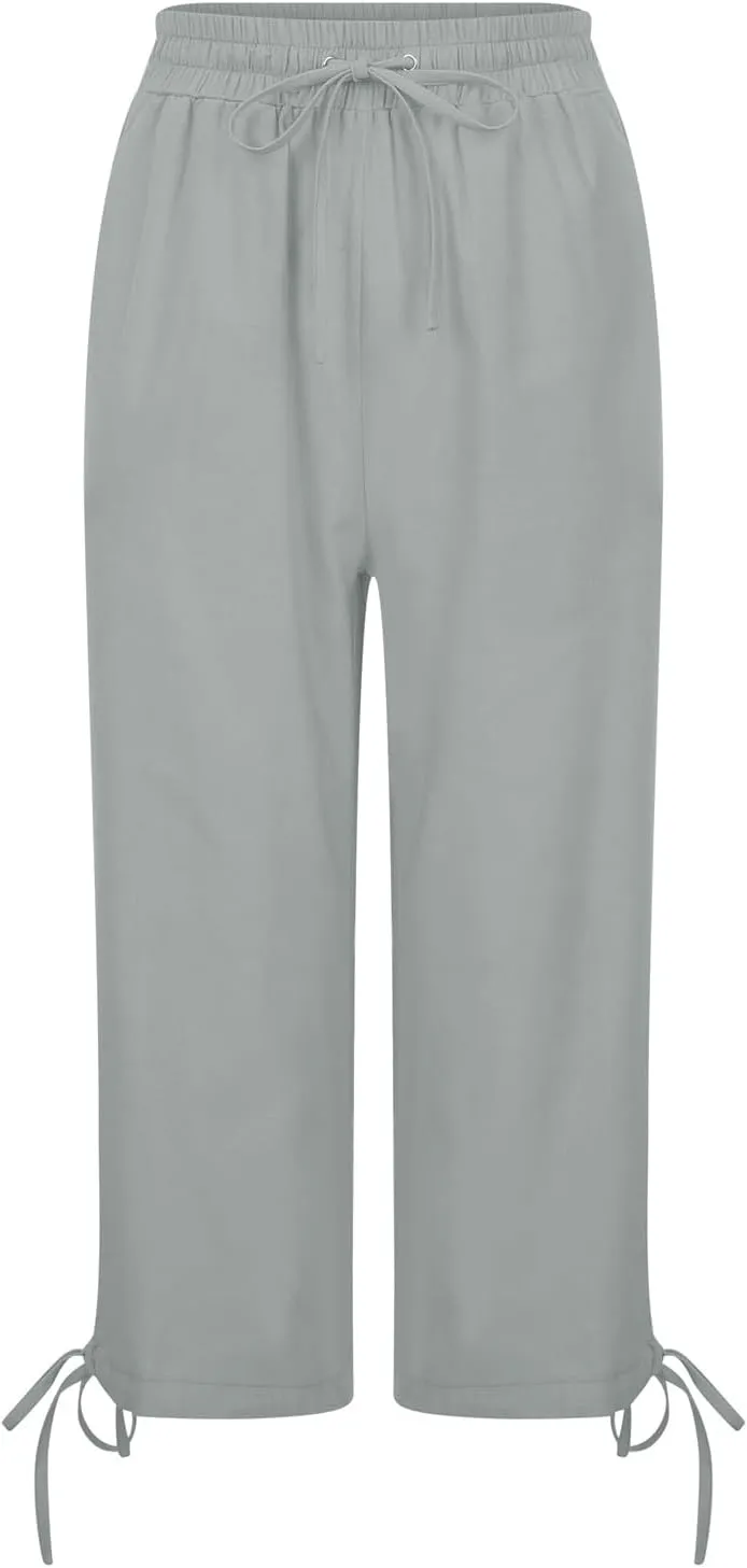 Capri Pants for Women 2025 Summer Drawstring High Waist Linen Pant Casual Straight Wide Leg Cropped Trouser Pockets