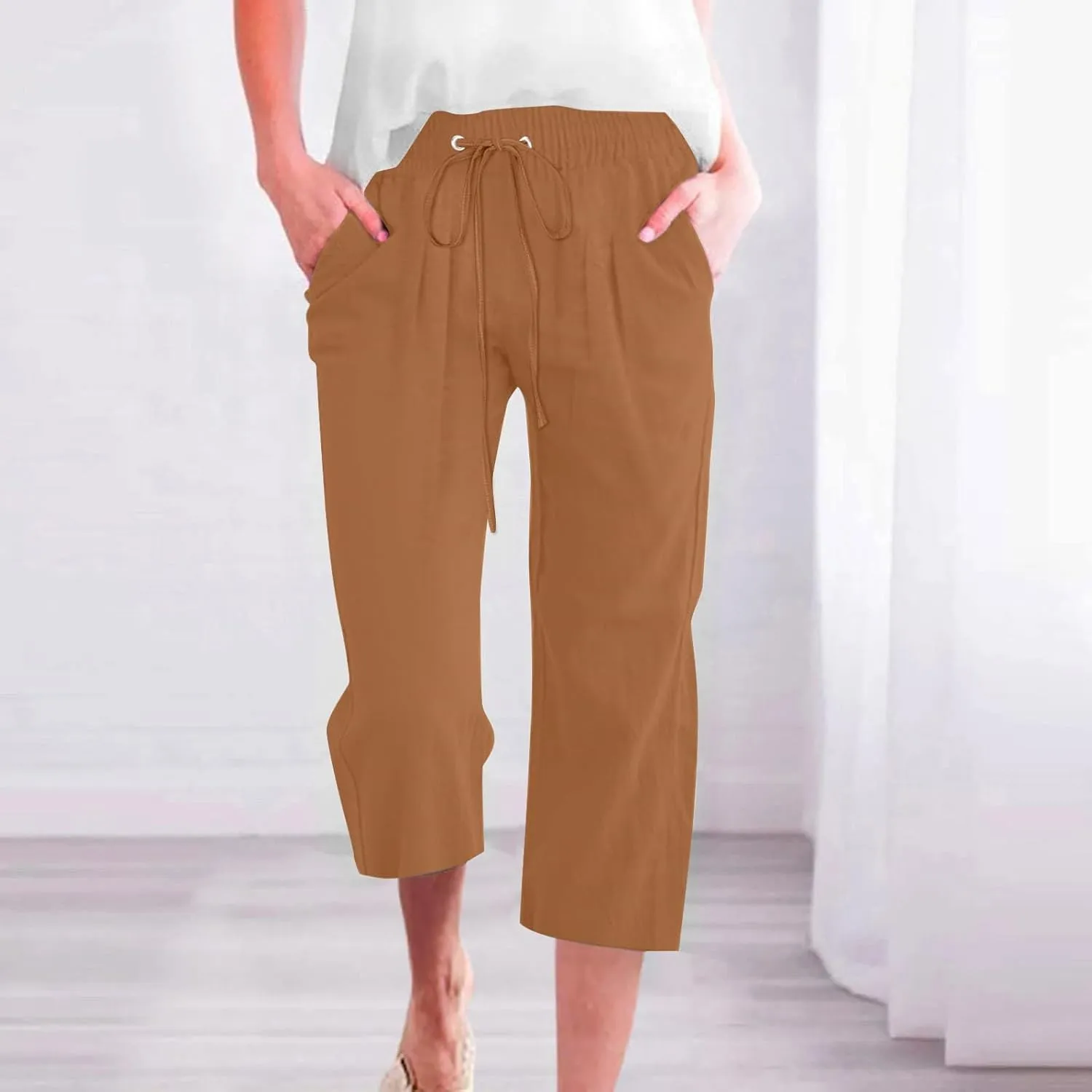 Capri Pants for Women Casual 20235 Summer Drawstring Elastic High Waist Linen Capri Straight Wide Leg Cropped Trousers