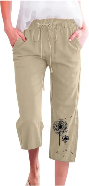 Capri Pants for Women Casual 2024 Summer High Waist Drawstring Linen Pant Loose Lightweight Crop Trousers with Pocket