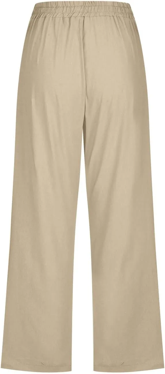 Capri Pants for Women Casual 2024 Summer High Waist Drawstring Linen Pant Loose Lightweight Crop Trousers with Pocket