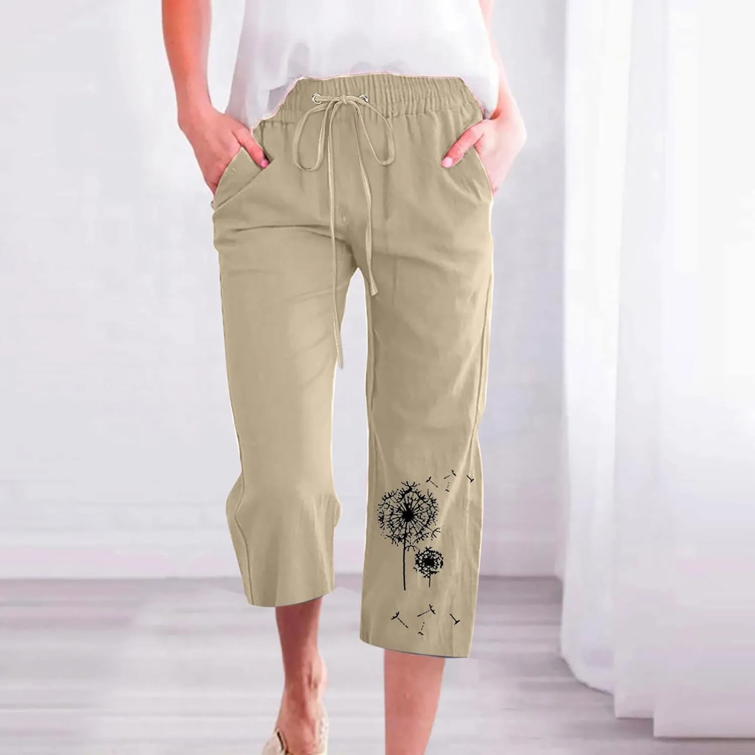 Capri Pants for Women Casual 2024 Summer High Waist Drawstring Linen Pant Loose Lightweight Crop Trousers with Pocket