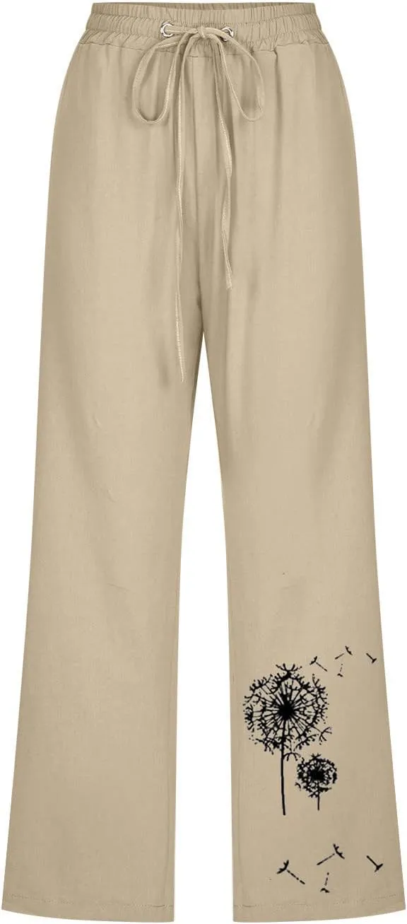 Capri Pants for Women Casual 2024 Summer High Waist Drawstring Linen Pant Loose Lightweight Crop Trousers with Pocket