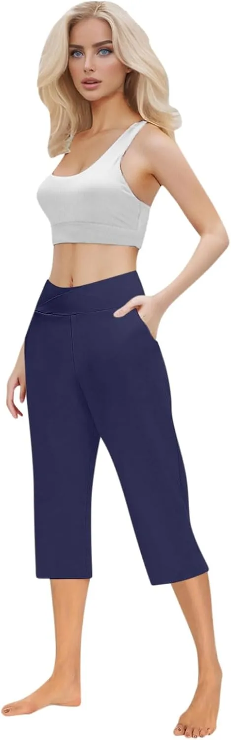 Capri Pants for Women Casual 2025 Summer Cross High Waist Yoga Cropped Pants Workout Wide Leg Plus Size Lounge Capris