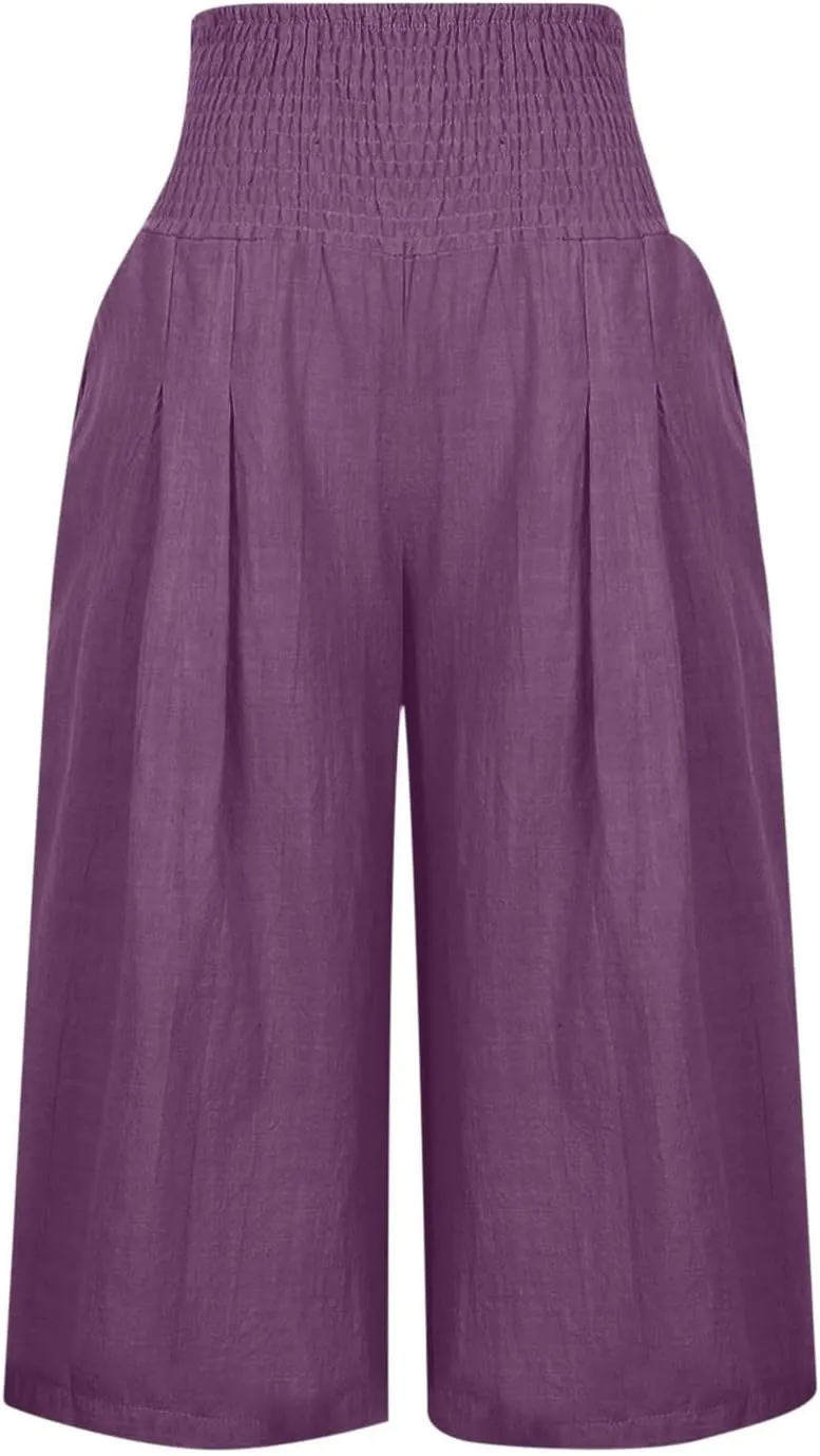 Capri Pants for Women High Waisted Wide Leg Linen Capris Summer Loose Elastic Trousers with Pockets