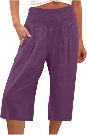 Capri Pants for Women High Waisted Wide Leg Linen Capris Summer Loose Elastic Trousers with Pockets