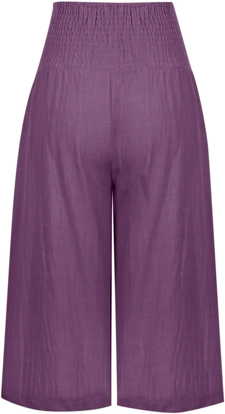 Capri Pants for Women High Waisted Wide Leg Linen Capris Summer Loose Elastic Trousers with Pockets