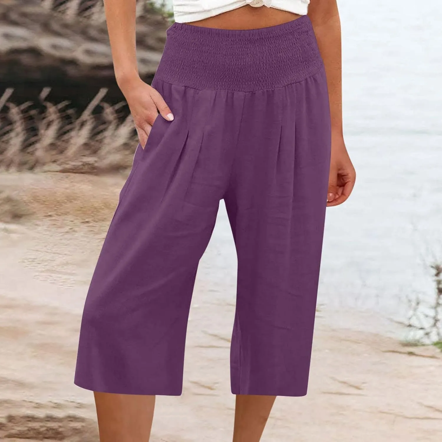 Capri Pants for Women High Waisted Wide Leg Linen Capris Summer Loose Elastic Trousers with Pockets