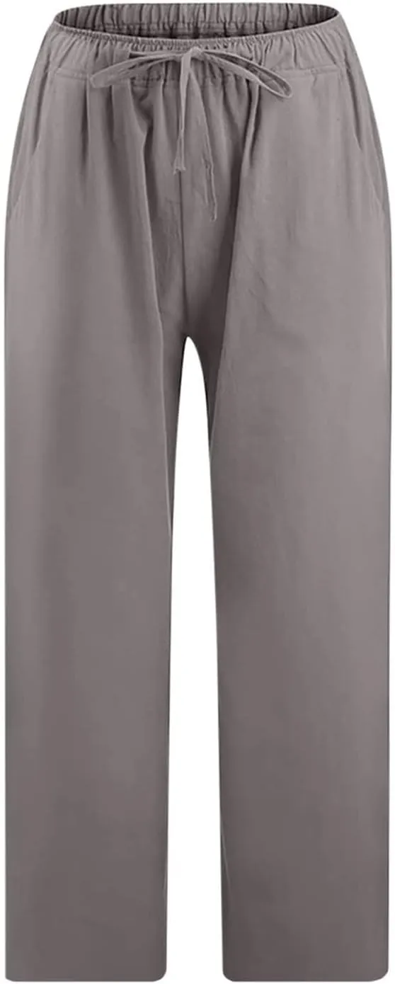 Capri Pants for Women Summer Drawstring Elastic High Waist Cotton Linen Wide Leg Trouser, Small-5X-Large