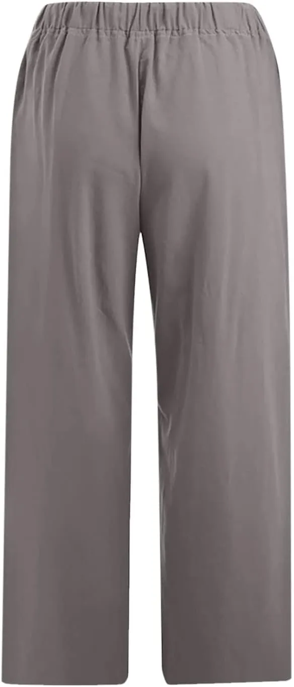 Capri Pants for Women Summer Drawstring Elastic High Waist Cotton Linen Wide Leg Trouser, Small-5X-Large