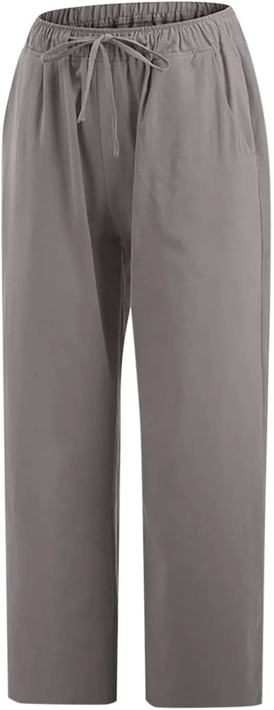 Capri Pants for Women Summer Drawstring Elastic High Waist Cotton Linen Wide Leg Trouser, Small-5X-Large