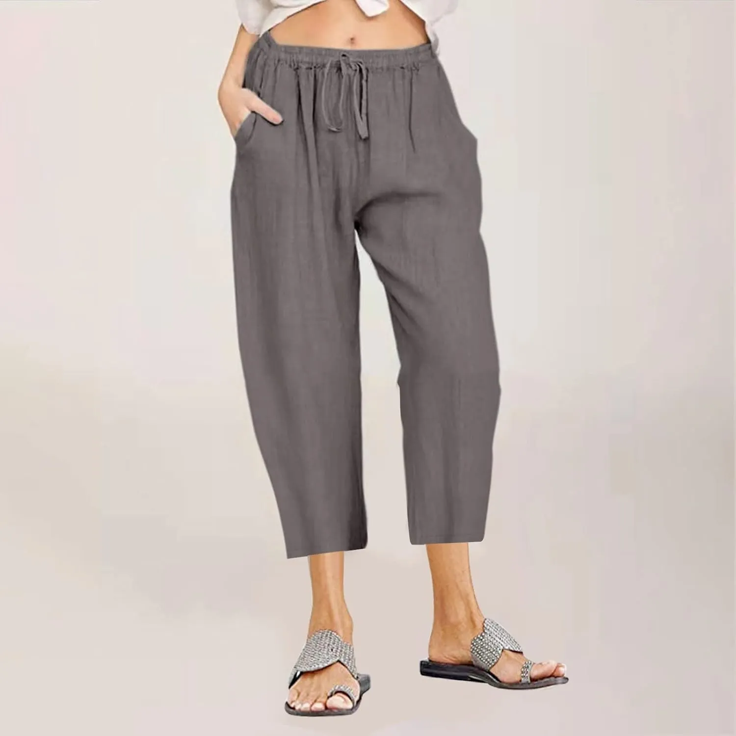 Capri Pants for Women Summer Drawstring Elastic High Waist Cotton Linen Wide Leg Trouser, Small-5X-Large
