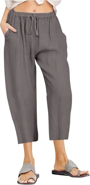 Capri Pants for Women Summer Drawstring Elastic High Waist Cotton Linen Wide Leg Trouser, Small-5X-Large