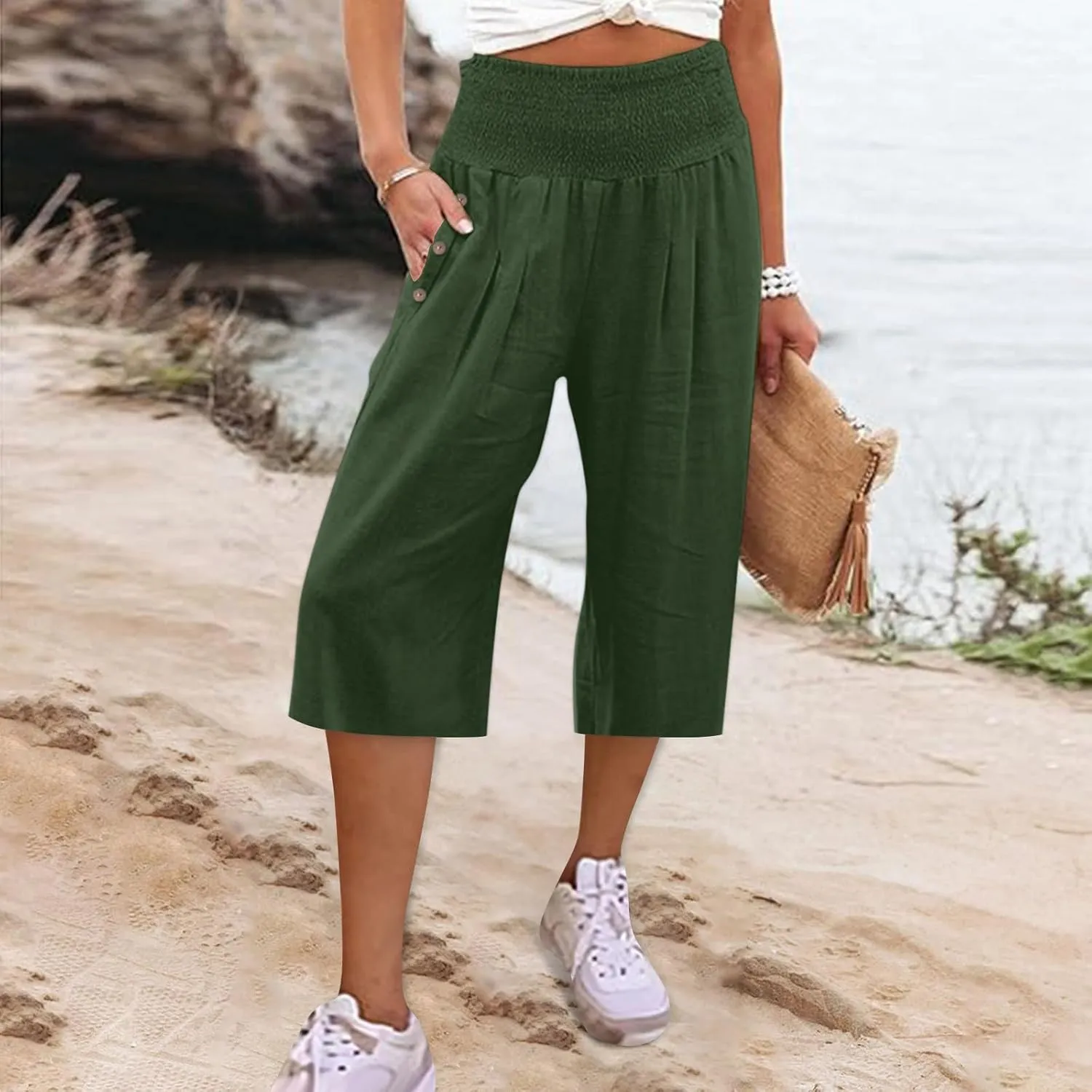 Capri Pants for Women, Wide Leg High Waist with Pockets Tummy Control