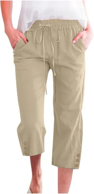 Capris Pants for Women Dressy Casual Cotton Linen Petite Short Straight Leg Elastic Waist Drawstring Pocket Trouser