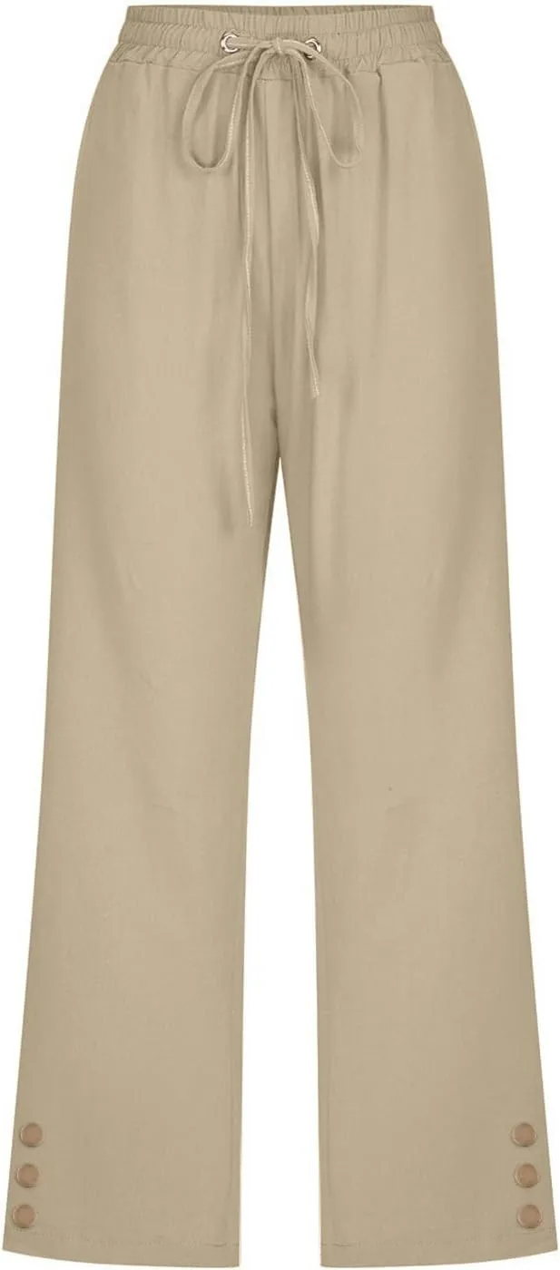 Capris Pants for Women Dressy Casual Cotton Linen Petite Short Straight Leg Elastic Waist Drawstring Pocket Trouser