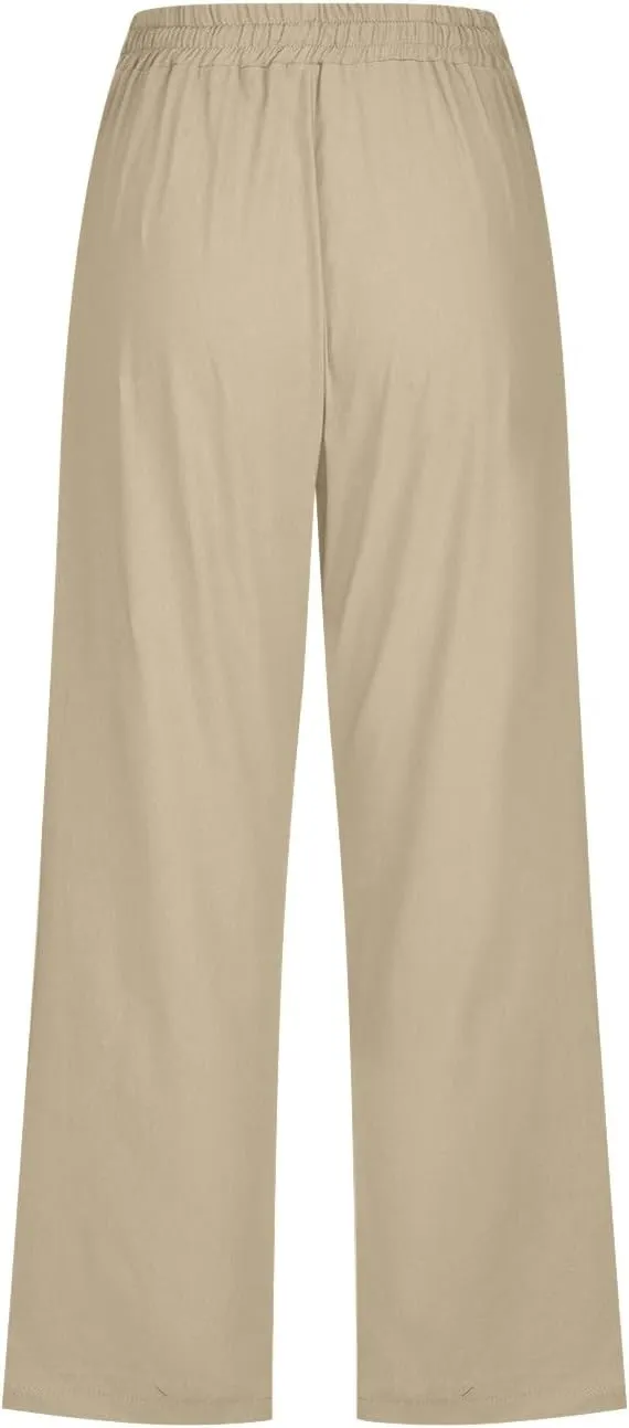 Capris Pants for Women Dressy Casual Cotton Linen Petite Short Straight Leg Elastic Waist Drawstring Pocket Trouser