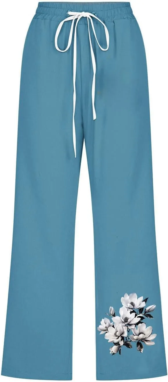 Capris Pants for Women Floral Print Comfy Drawstring Linen Pants High Waist Straight Leg Trousers with Pockets
