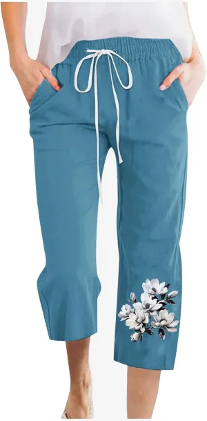 Capris Pants for Women Floral Print Comfy Drawstring Linen Pants High Waist Straight Leg Trousers with Pockets