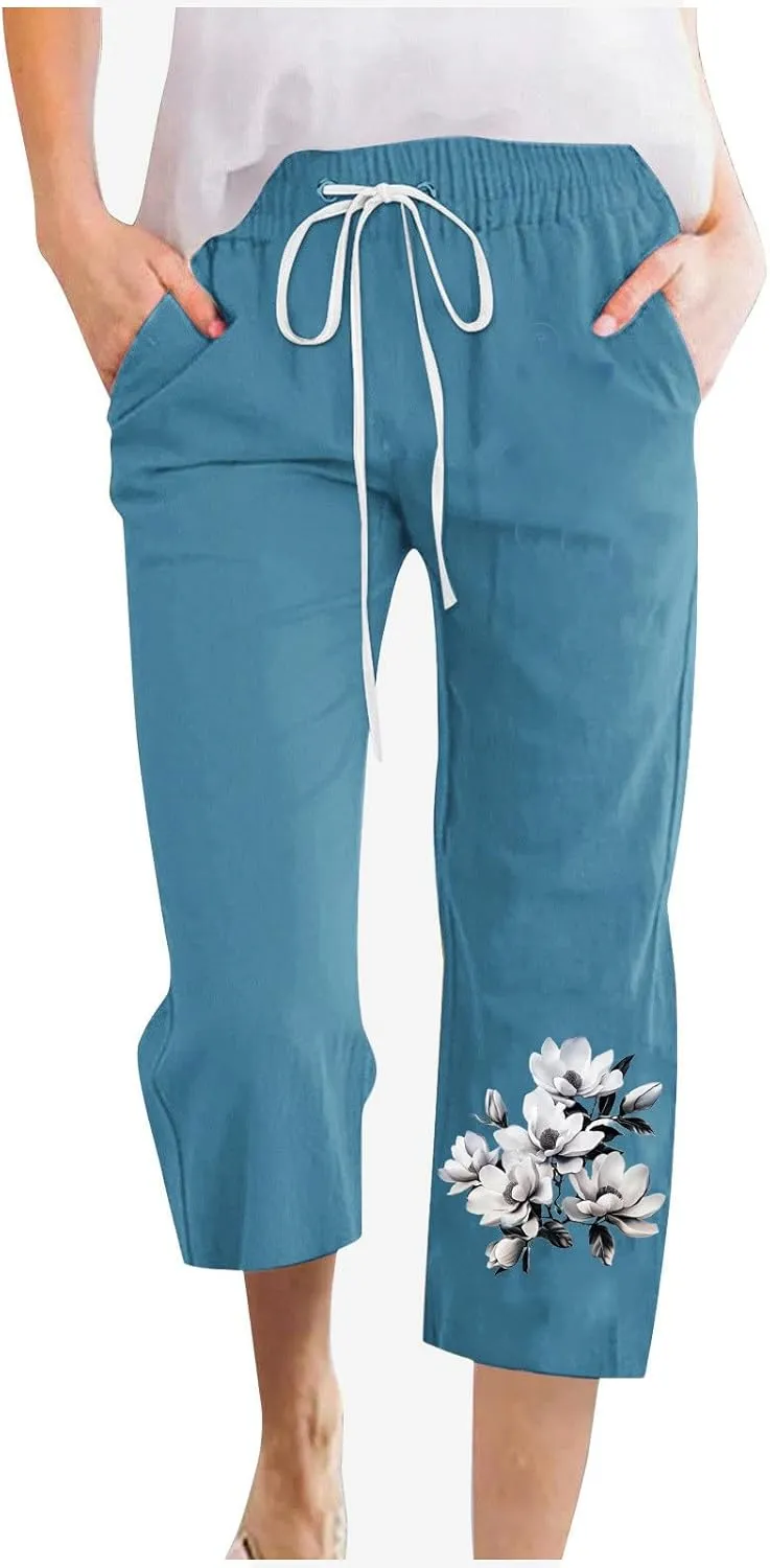 Capris Pants for Women Floral Print Comfy Drawstring Linen Pants High Waist Straight Leg Trousers with Pockets