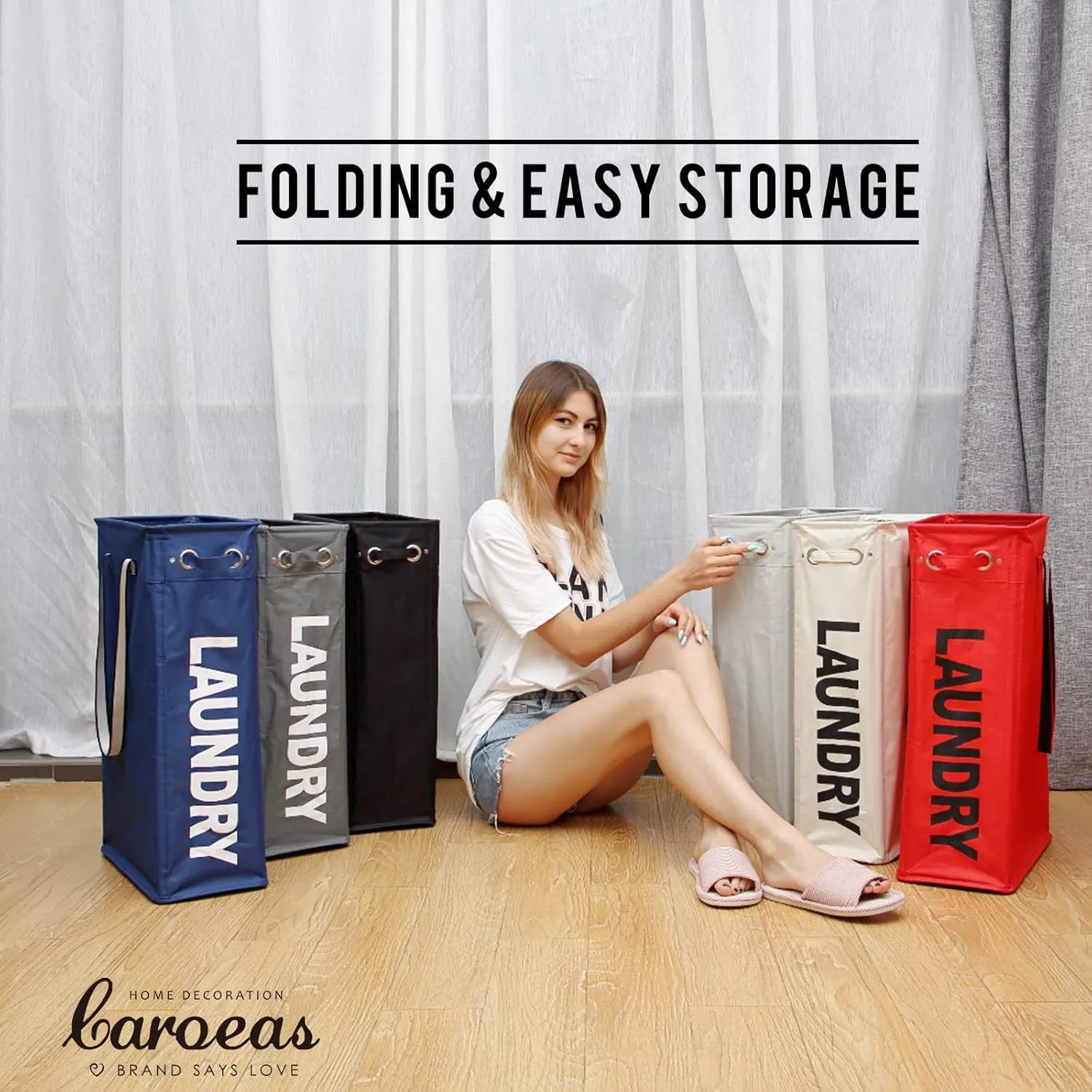 Caroeas 24 Slim Laundry Basket Tall & Slim Hamper Waterproof Laundry Bag Collapsible Travel Laundry Bag with Breathable Mesh Cover & Soft Handle Laundry Hamper