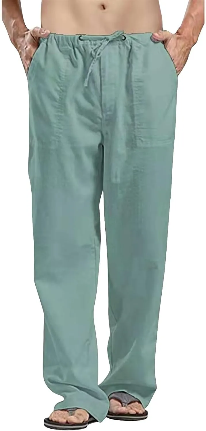 Casual Cotton Linen Pants for Mens Summer Outdoor Hiking Sports Trousers Breathable Work Cargo Pants with Pockets Men's Pants