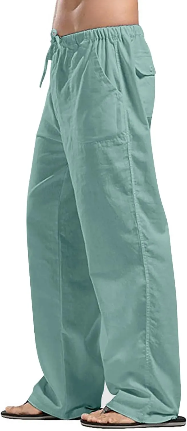 Casual Cotton Linen Pants for Mens Summer Outdoor Hiking Sports Trousers Breathable Work Cargo Pants with Pockets Men's Pants