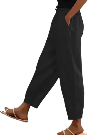 Casual Pants for Women Straight Leg Beach Trousers with Pockets Baggy Elastic Waist Lounge Slacks