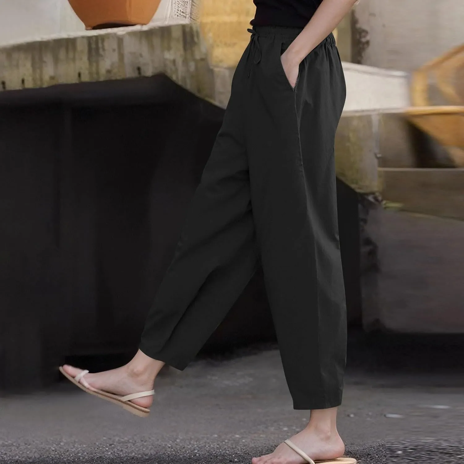 Casual Pants for Women Straight Leg Beach Trousers with Pockets Baggy Elastic Waist Lounge Slacks