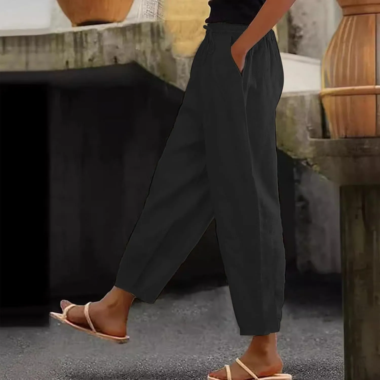 Casual Pants for Women Straight Leg Beach Trousers with Pockets Baggy Elastic Waist Lounge Slacks