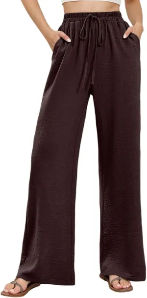 Casual Wide Leg Pants for Women Elastic High Waist Breathable Palazzo Pants Baggy Drawstring Comfy Ice Silk Trousers