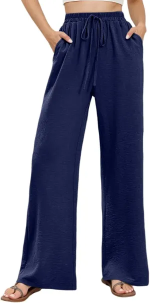Casual Wide Leg Pants for Women Elastic High Waist Breathable Palazzo Pants Baggy Drawstring Comfy Ice Silk Trousers