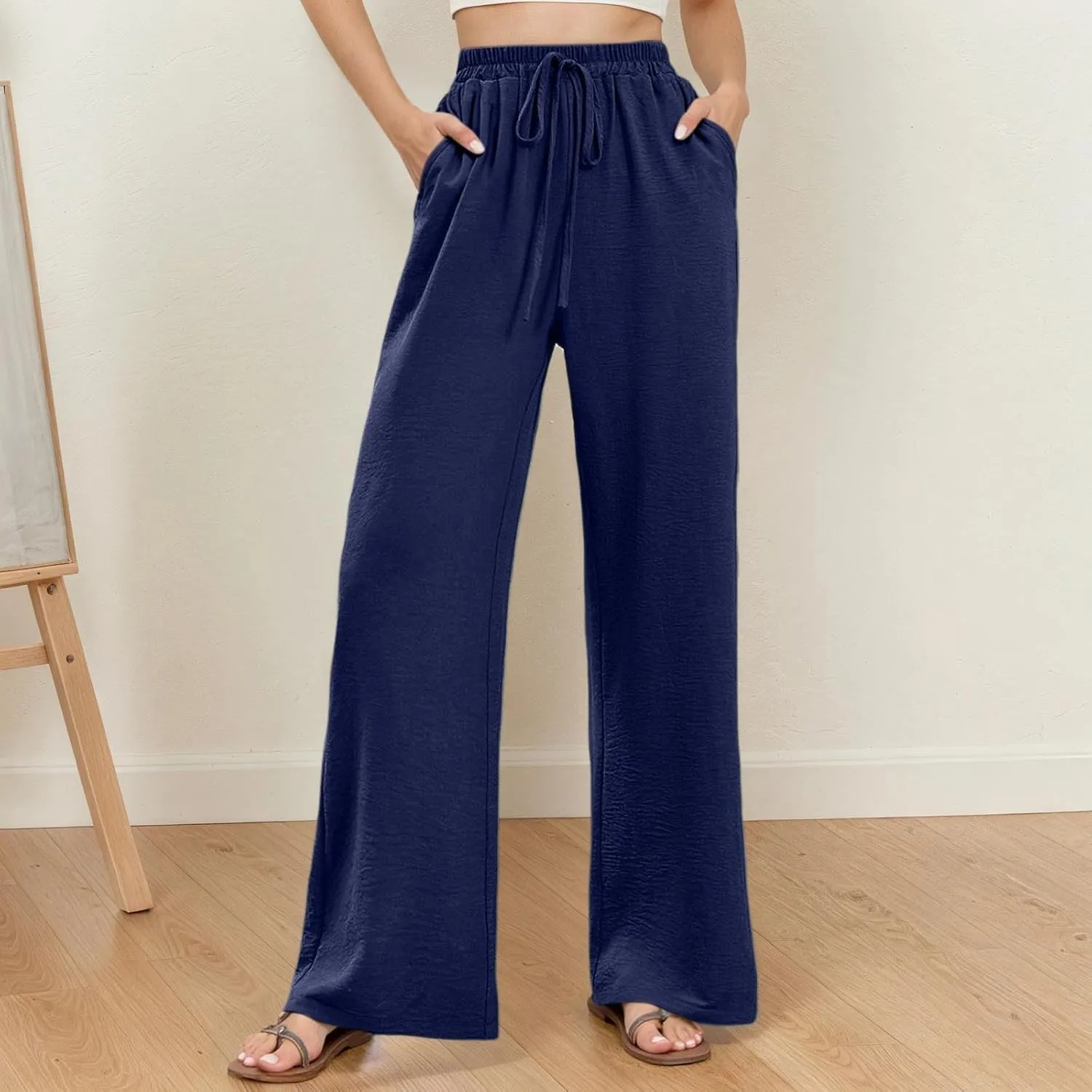 Casual Wide Leg Pants for Women Elastic High Waist Breathable Palazzo Pants Baggy Drawstring Comfy Ice Silk Trousers