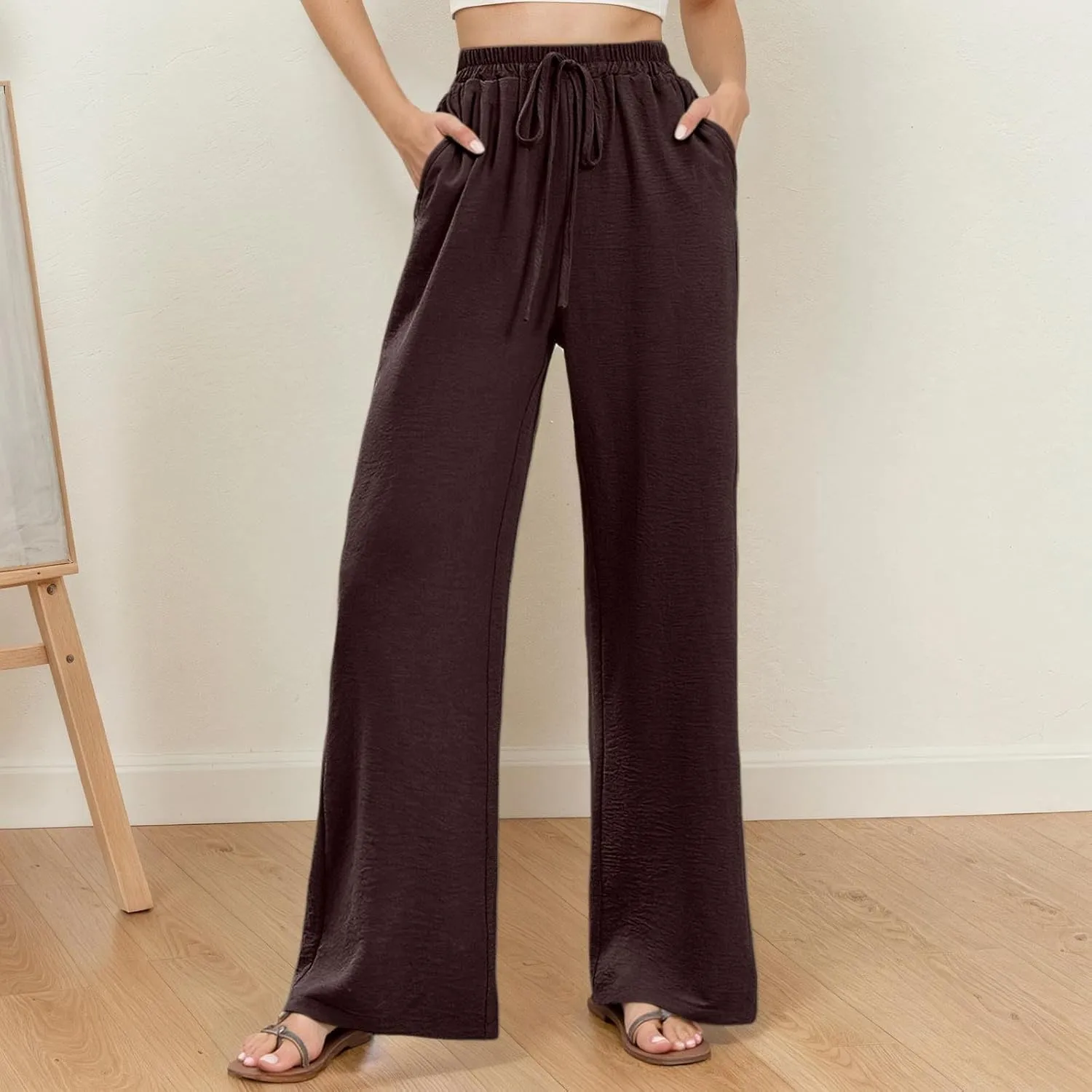 Casual Wide Leg Pants for Women Elastic High Waist Breathable Palazzo Pants Baggy Drawstring Comfy Ice Silk Trousers