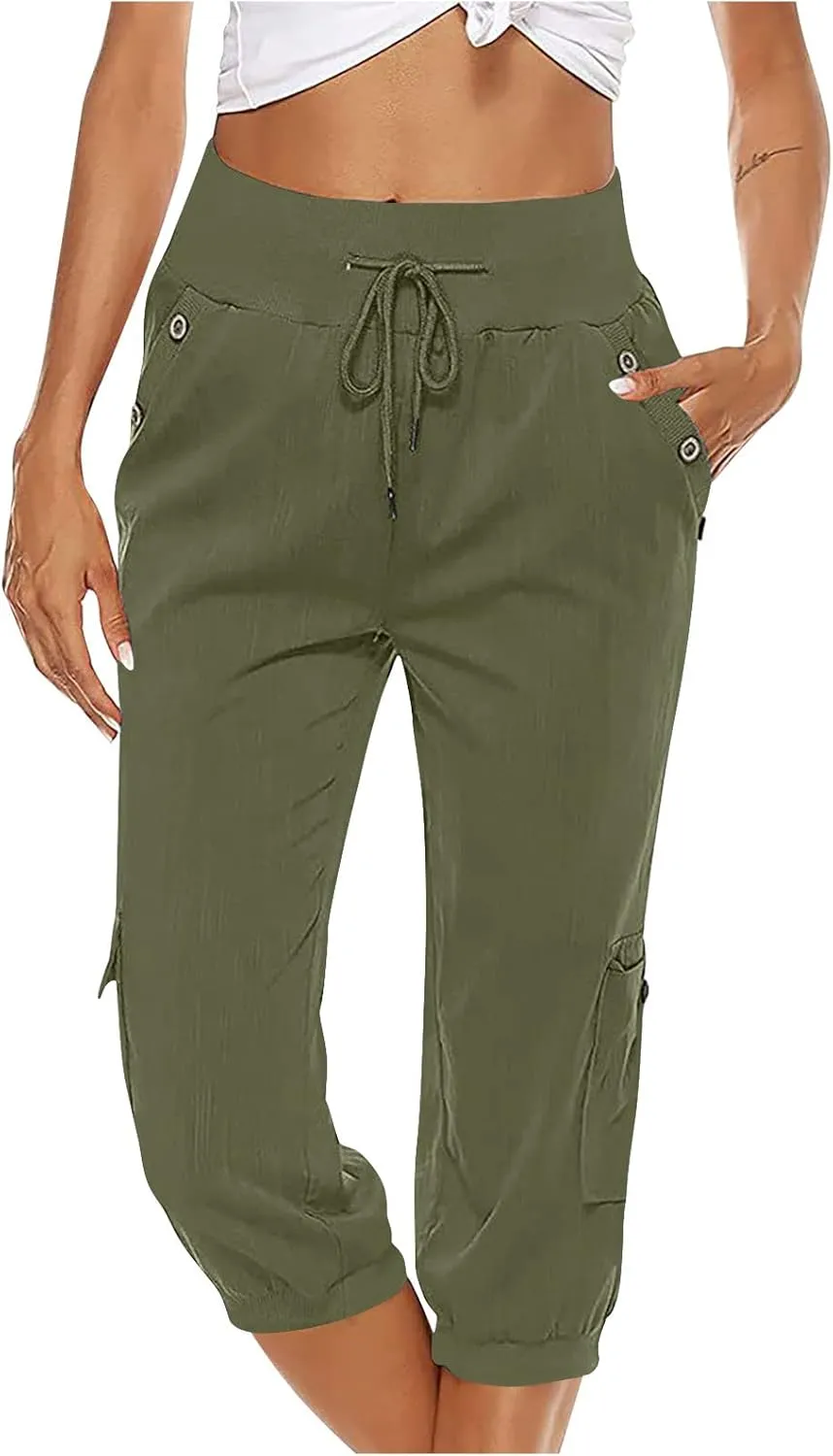 Ceboyel Women's Cotton Linen Crop Capris Drawstring Summer Cargo Pants Trendy Casual Straight Pants Dressy Ladies Clothing