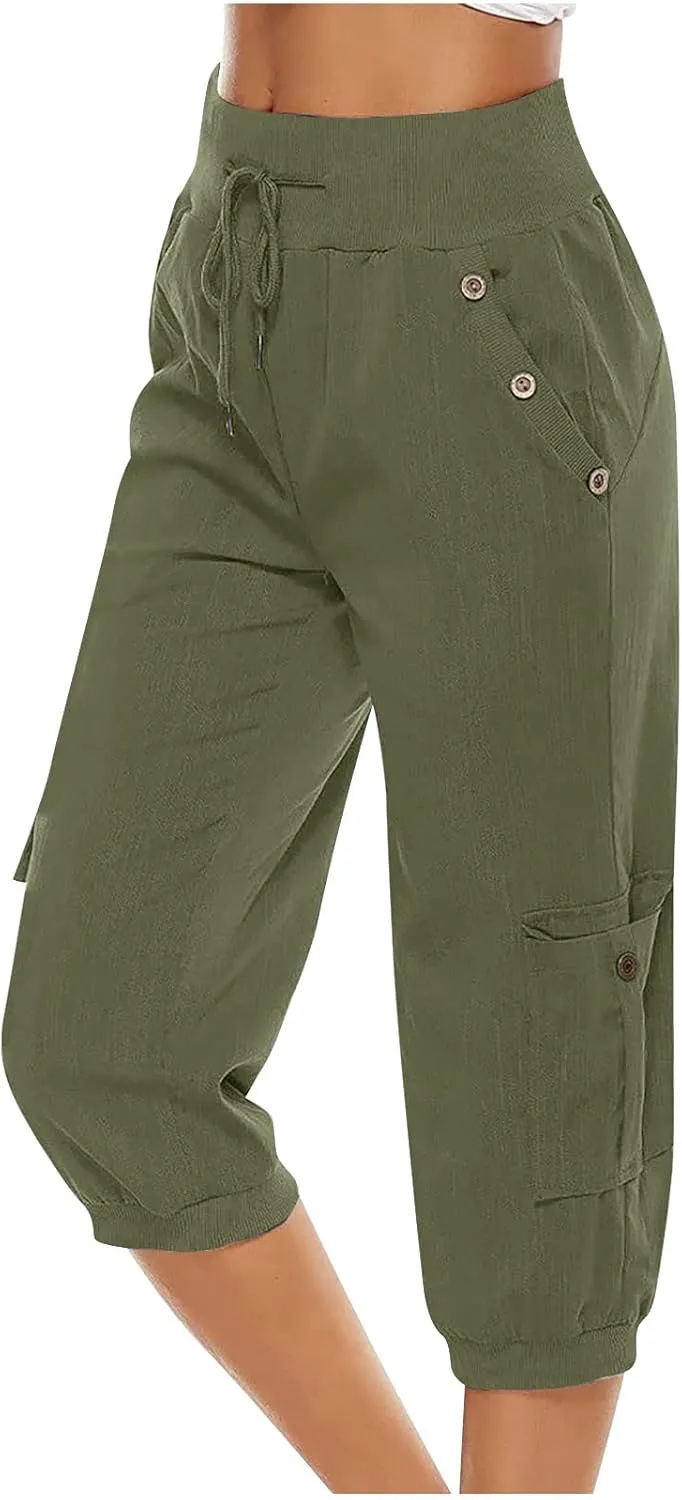 Ceboyel Women's Cotton Linen Crop Capris Drawstring Summer Cargo Pants Trendy Casual Straight Pants Dressy Ladies Clothing