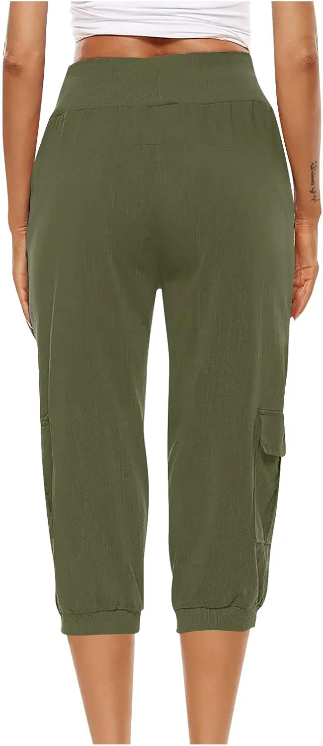 Ceboyel Women's Cotton Linen Crop Capris Drawstring Summer Cargo Pants Trendy Casual Straight Pants Dressy Ladies Clothing