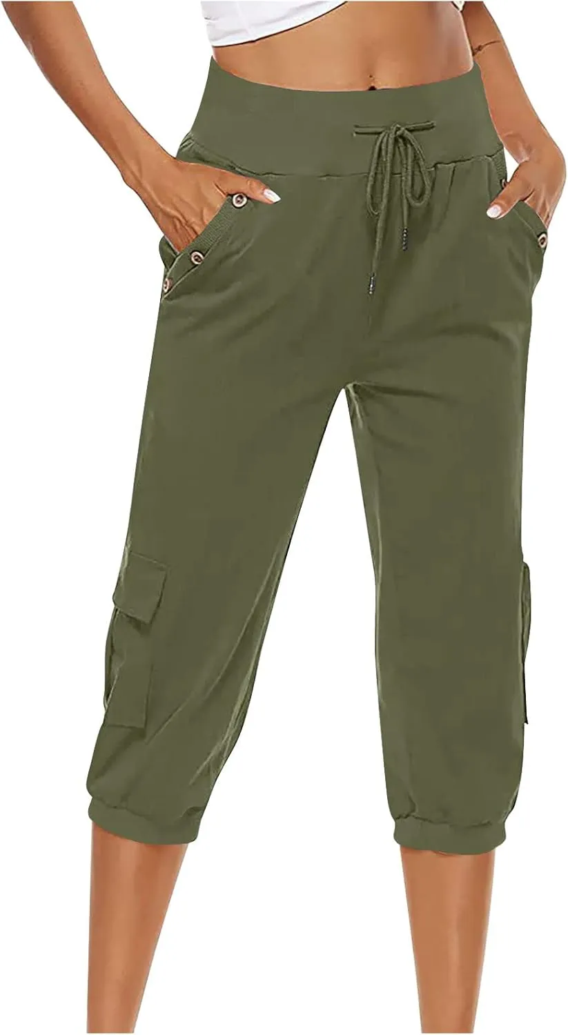 Ceboyel Women's Cotton Linen Crop Capris Drawstring Summer Cargo Pants Trendy Casual Straight Pants Dressy Ladies Clothing