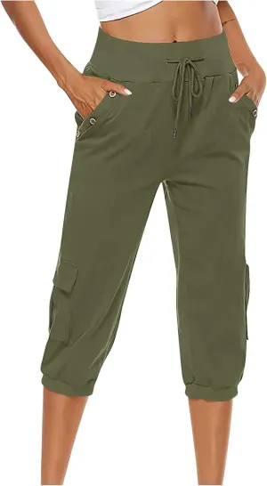 Ceboyel Women's Cotton Linen Crop Capris Drawstring Summer Cargo Pants Trendy Casual Straight Pants Dressy Ladies Clothing
