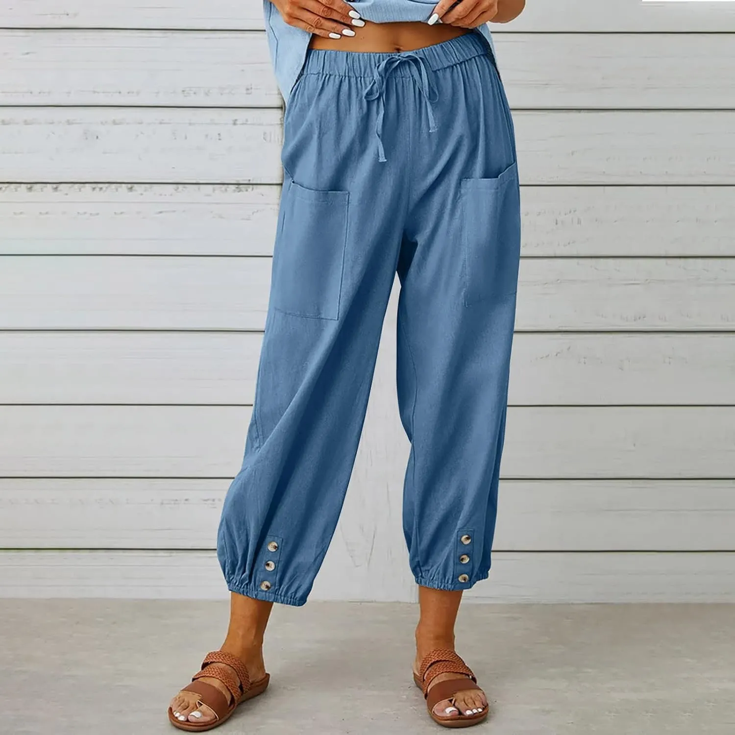 Ceboyel Womens Drawstring Linen Pants High Waist Boho Pant Summer Casual Trousers Dressy Casual Beach Outfits 2023