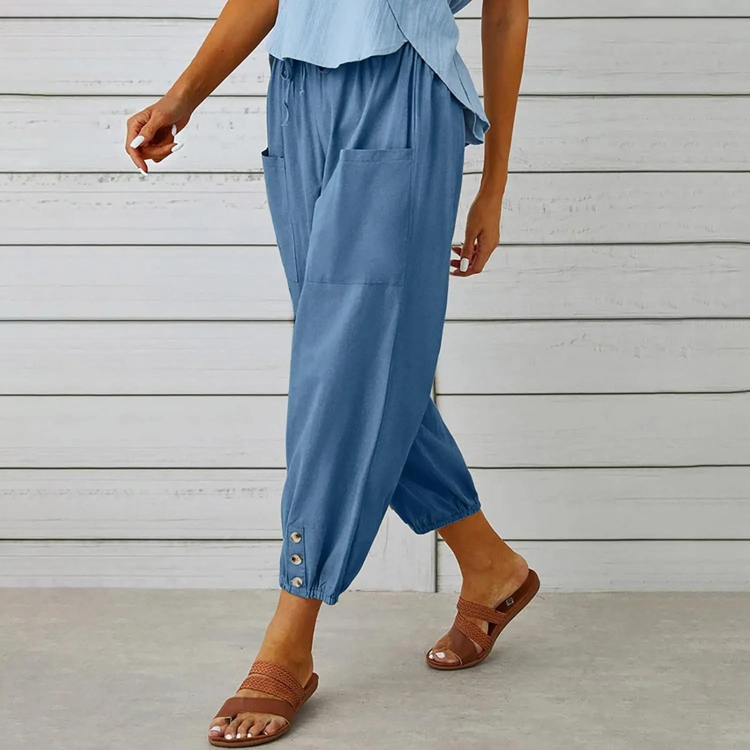 Ceboyel Womens Drawstring Linen Pants High Waist Boho Pant Summer Casual Trousers Dressy Casual Beach Outfits 2023