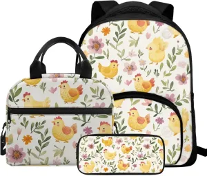 Chicken Girls Backpack Purse Set Kindergarten School Bag with Lunch Box Set of 3 Bookbag with Breathable Straps for Toddlers Kawaii Zippered Pencil Case