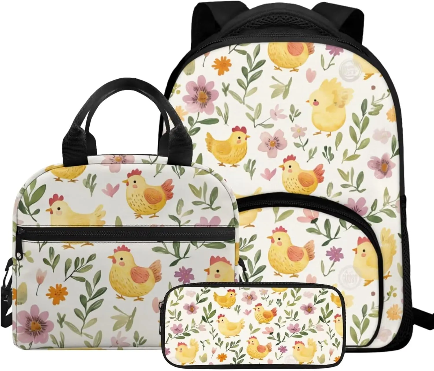 Chicken Girls Backpack Purse Set Kindergarten School Bag with Lunch Box Set of 3 Bookbag with Breathable Straps for Toddlers Kawaii Zippered Pencil Case