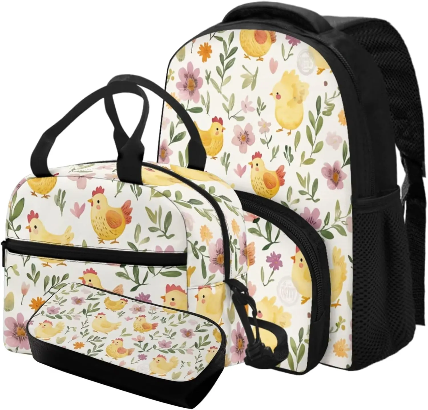Chicken Girls Backpack Purse Set Kindergarten School Bag with Lunch Box Set of 3 Bookbag with Breathable Straps for Toddlers Kawaii Zippered Pencil Case