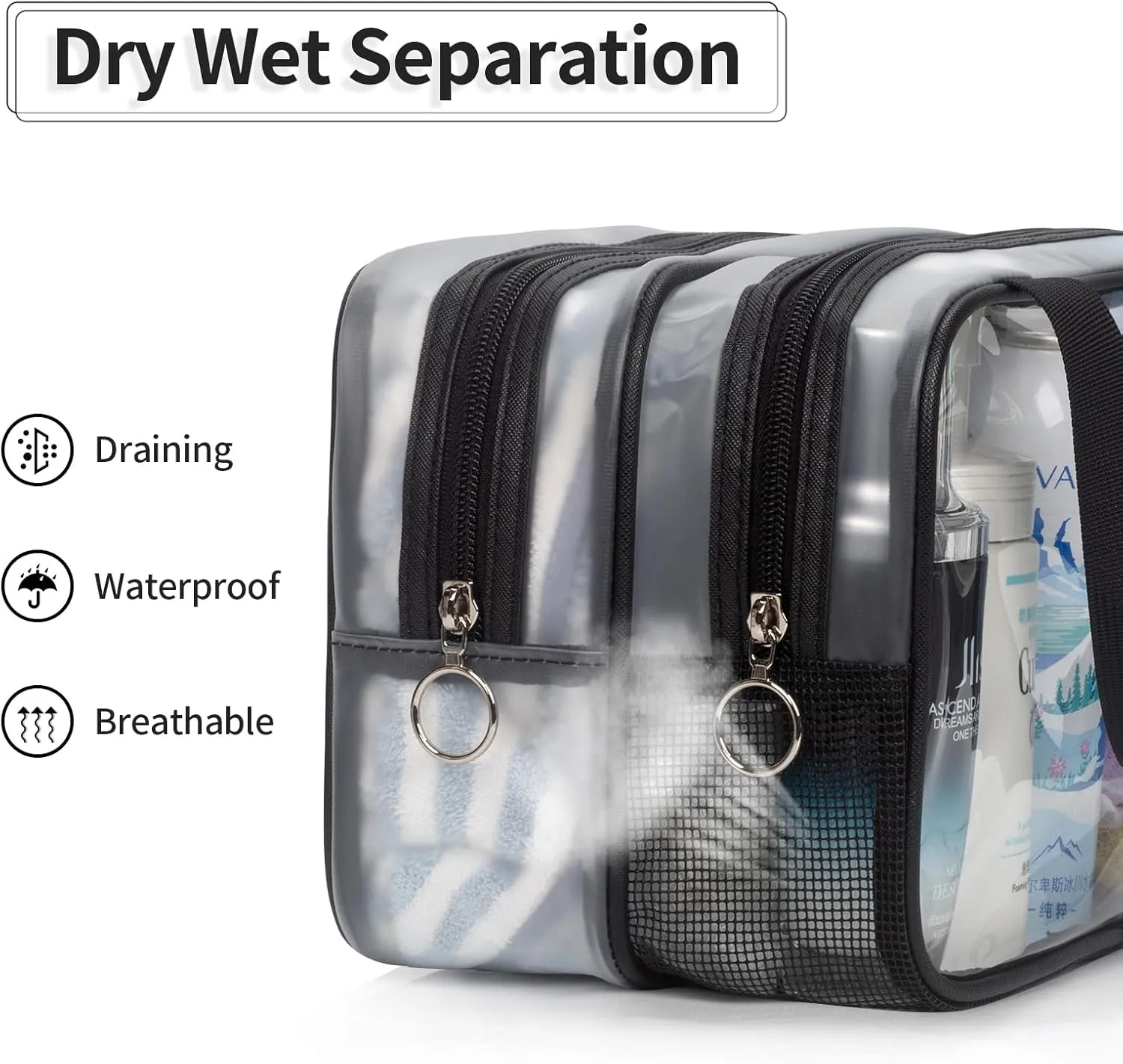 Clear Toiletry Bag for Women Men, Waterproof Travel Bag for Toiletries, Dry Wet Separate Draining Shower Caddy Bag with Breathable Hollow Out Mesh, Portable Makeup Cosmetic Organizer Storage Tote Bag