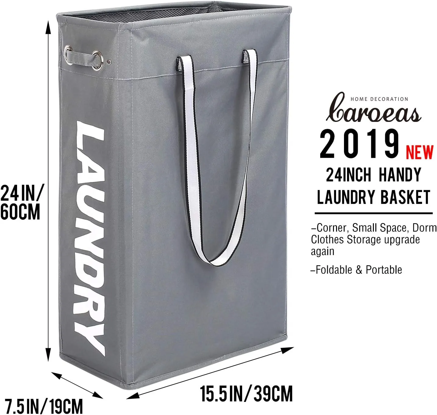 Cloth Clothes Basket, Caroeas 24" Handy Hanging Laundry Basket Tall & Slim Hamper Waterproof Laundry Bag Collapsible Travel Laundry Bag with Breathable Mesh Cover & Soft Handle Laundry Hamper (Grey1)