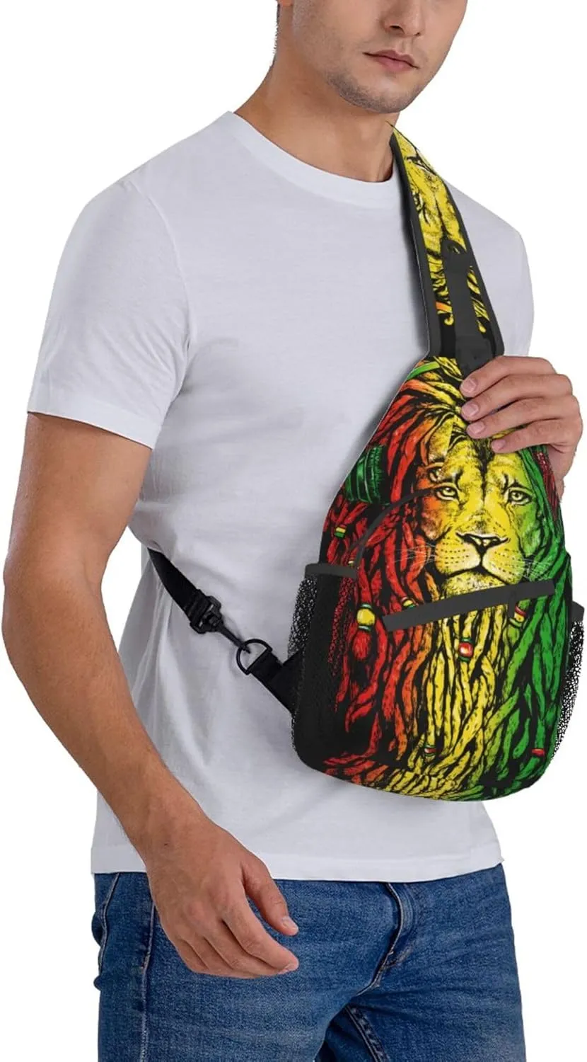 Cool Sling Backpack for Men Women, Multipurpose Crossbody Shoulder Bag Compatible with Rasta Rastafarian Reggae Earphone Lion Bag, Travel Hiking Zippered Daypack, Adjustable and Breathable