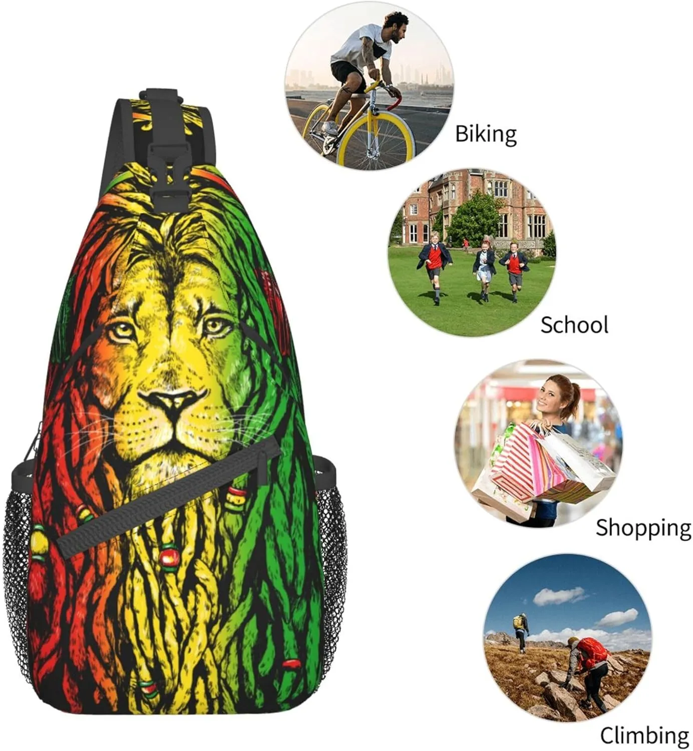 Cool Sling Backpack for Men Women, Multipurpose Crossbody Shoulder Bag Compatible with Rasta Rastafarian Reggae Earphone Lion Bag, Travel Hiking Zippered Daypack, Adjustable and Breathable