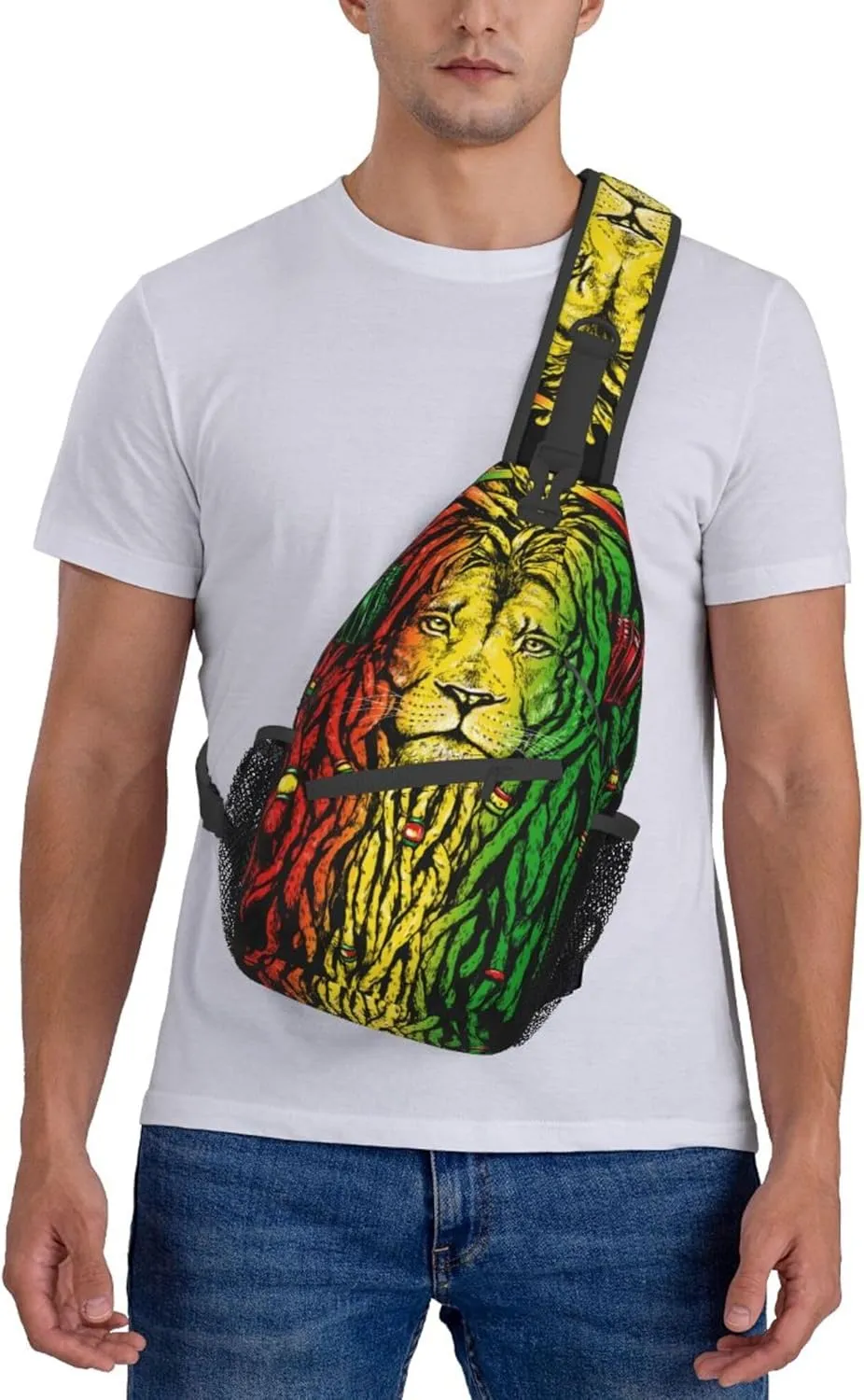 Cool Sling Backpack for Men Women, Multipurpose Crossbody Shoulder Bag Compatible with Rasta Rastafarian Reggae Earphone Lion Bag, Travel Hiking Zippered Daypack, Adjustable and Breathable