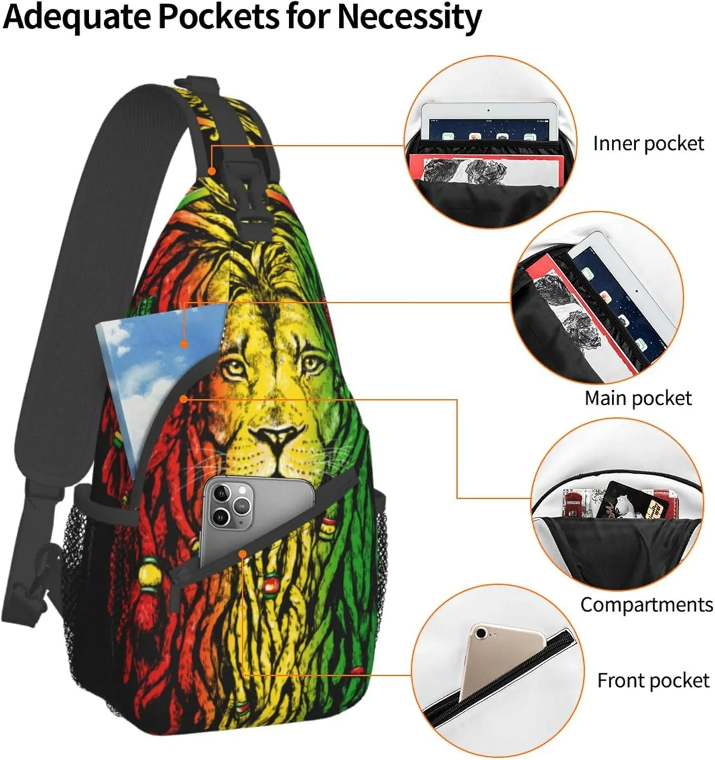 Cool Sling Backpack for Men Women, Multipurpose Crossbody Shoulder Bag Compatible with Rasta Rastafarian Reggae Earphone Lion Bag, Travel Hiking Zippered Daypack, Adjustable and Breathable