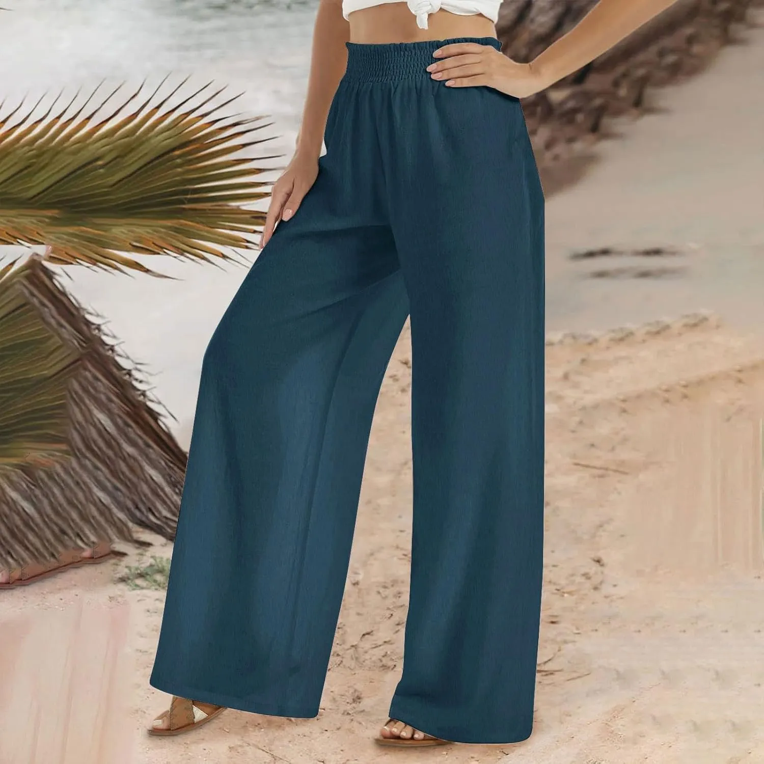 Cotton Linen Pants for Women Casual Loose Fit Elastic Waist Pants Fashion Solid Color Lounge Wide Leg Trousers